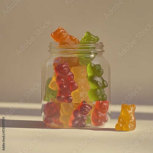 Colorful gummy bears in a clear glass jar on a minimal neutral background