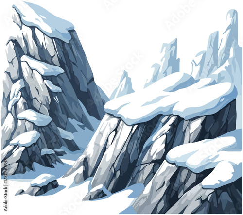 Cartoon illustration of a snowy mountain landscape with jagged peaks.