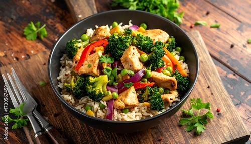 Chicken and vegetable stir-fry over rice