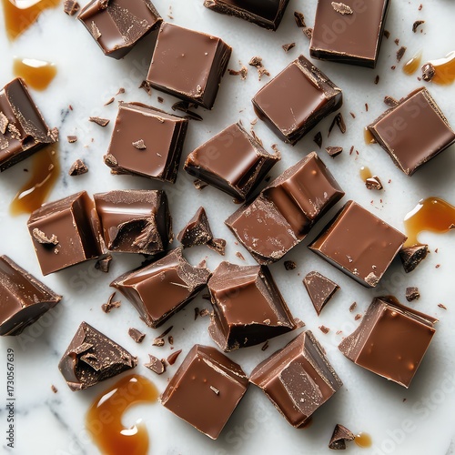 Scattered milk chocolate cubes and shavings with caramel on a white marble background