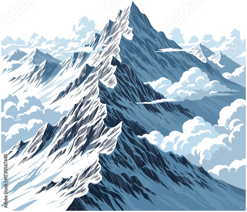 A majestic snow-covered mountain peak rises sharply above a sea of clouds in a stylized vector illustration.