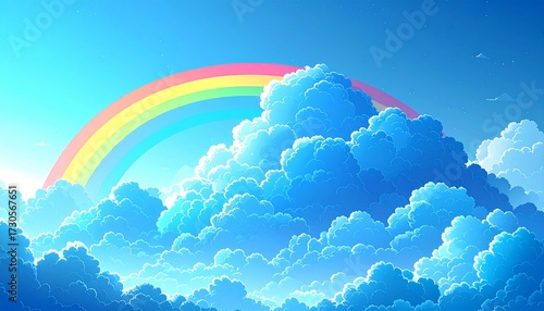 Bright blue sky illustration with fluffy white clouds and a vibrant rainbow. Cheerful and colorful scene perfect for themes of hope, nature, and happiness. Clean and uplifting vector art. Mom's day