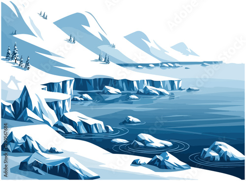 A serene coastal landscape featuring snow-covered mountains, icy cliffs, and calm water under a bright sky.