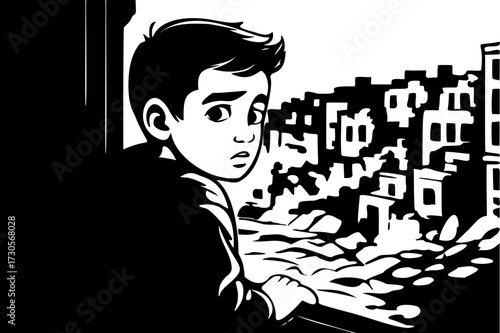 Boy and destroyed city.eps