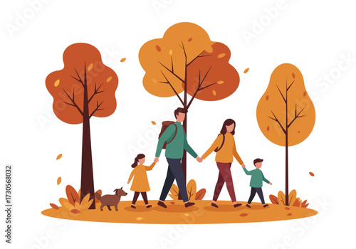 Family including two parents two children and a dog walking together in an autumnal park with deciduous trees