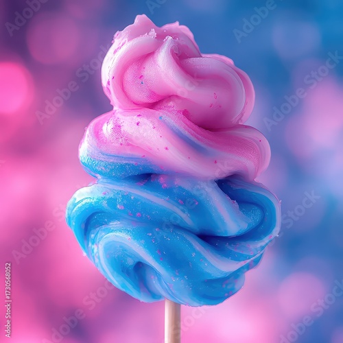 Swirling pink and blue cotton candy twist on a stick with vibrant bokeh background
