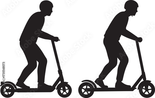 Two people riding electric scooters silhouette