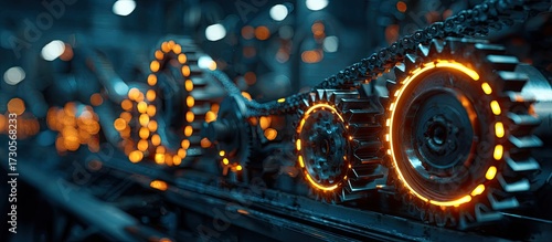 Gear mechanisms illuminated with bright orange lights industrial technology background