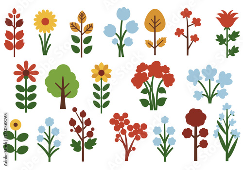 Flat illustration stylized foliage art flowers trees with block shapes autumnal colors on a white background
