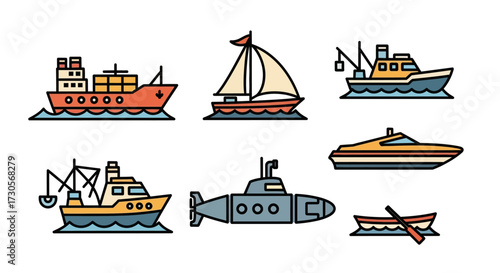 Colorful Collection of Cartoon-Style Boats and Submarine Illustrations.