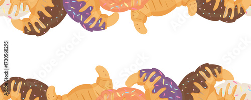 Vector seamless border featuring various croissants with colorful frosting and sprinkles, forming top and bottom design elements. Suitable for bakery, cafe, breakfast and sweet food themes