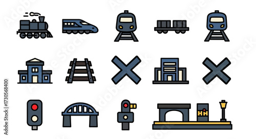 Colorful filled outline icon set of railway transportation elements, including trains, stations, and tracks.