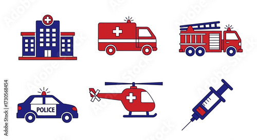 Colorful flat design icon set of emergency services and medical symbols like hospital, ambulance, police car, and fire truck.