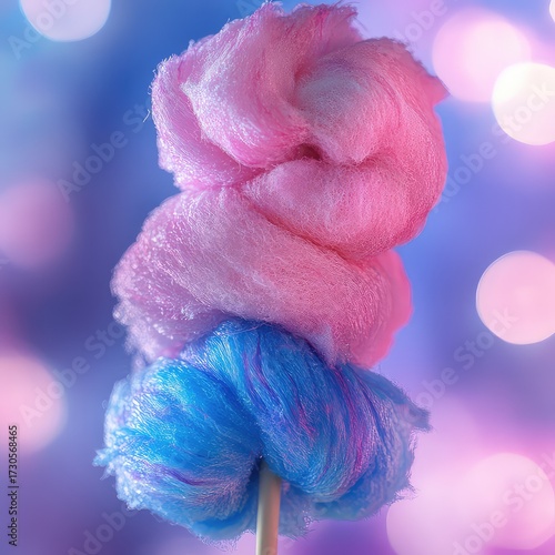 Stacked pink and blue twisted cotton candy with soft purple bokeh background