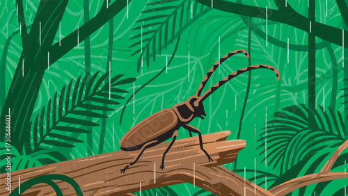 Illustration Of A Longhorned Beetle Sitting On A Rotting Log In A Rainforest Vector Design Template