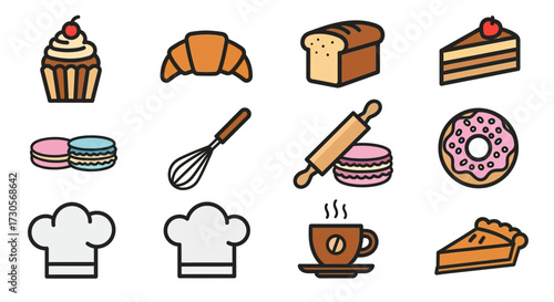 Colorful line art icon set of bakery goods, pastry, and kitchen tools.