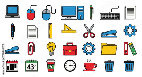 Colorful Office and Business Flat Line Icons Collection.