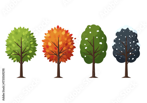 Four trees illustrate the seasons green for summer orange for autumn snowcovered for winter and snow dotted for late autumn
