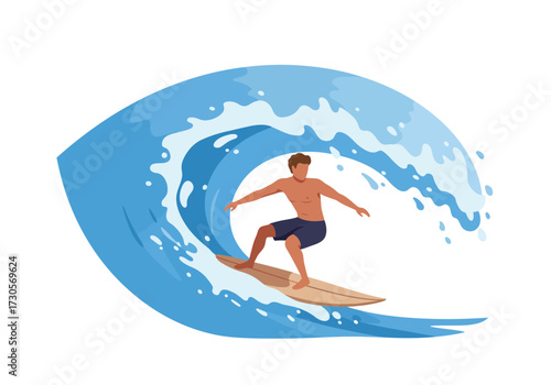 Man surfing in a barrel wave riding a light brown surfboard