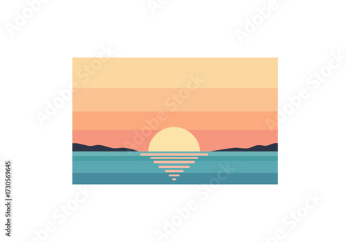 Minimalist landscape pastel sunset over ocean with dark land masses