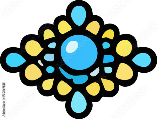 Ornate Blue and Yellow Gemstone Brooch Illustration.