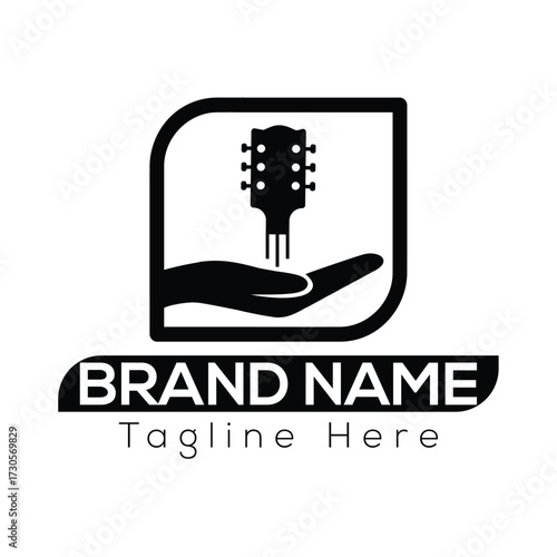 Black silhouette of guitar headstock on open hand inside rounded square logo with brand name text