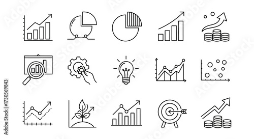 Hand-drawn business analytics icons set, featuring sketchy charts, graphs, growth, finance, and strategy symbols.