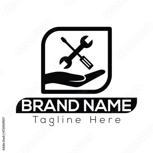 Black silhouette of hand holding crossed wrench and screwdriver in rounded square frame with brand name text