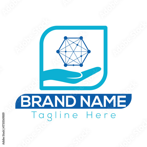 Blue abstract network hexagon held in open hand with brand name text technology connection vector