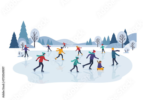 People ice skating on a frozen pond amidst snowy trees and hills