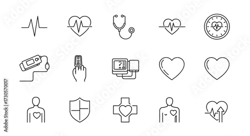 Hand-drawn medical cardiology health monitoring line icons set with heartbeats, stethoscope, and devices.