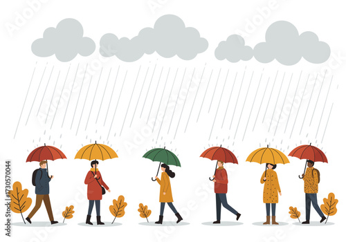 People walk in the rain with umbrellas under gray clouds