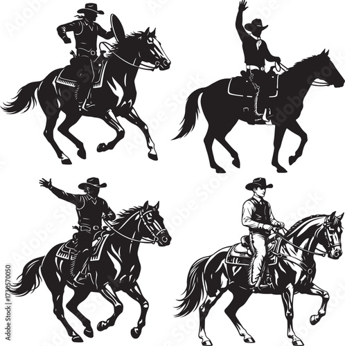 Collection of four cowboys riding horses in various poses western wild west
