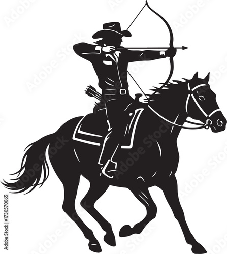 Cowboy Archer on Horseback Aiming Bow and Arrow in Black and White archery riding