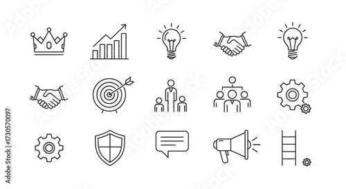 Hand-drawn Sketchy Business Icons Collection Depicting Success, Strategy, and Growth Concepts.