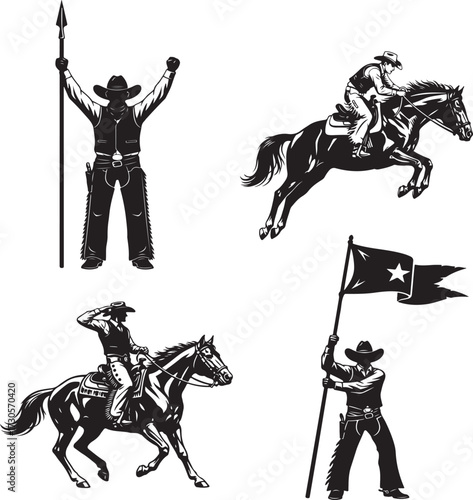 Cowboy Silhouettes Rodeo Action Horse Riding Flag Spear vector illustration