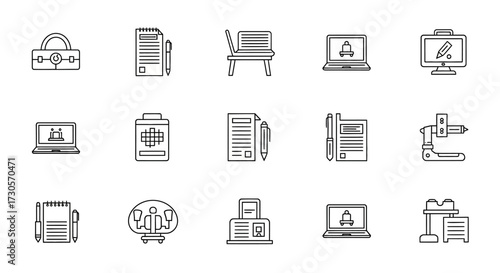 Minimalist line art icons set - business, office, technology, security, and document concepts, clean outline style.