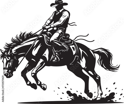 Silhouette of a cowboy riding a bucking horse in a rodeo vector illustration