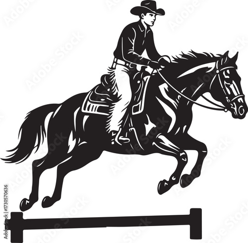 Cowboy on a horse jumping over a hurdle in a rodeo vector illustration
