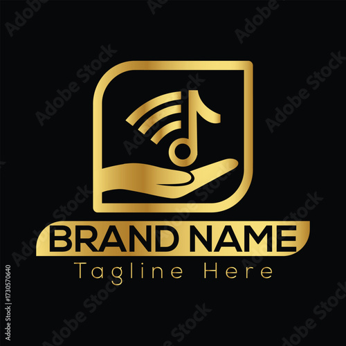 Golden hand holding musical note with wifi signal inside rounded square logo on black background
