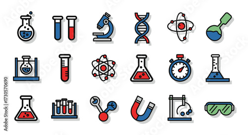 Science and laboratory equipment icons - beakers, test tubes, microscope, DNA, atom, magnets, goggles.