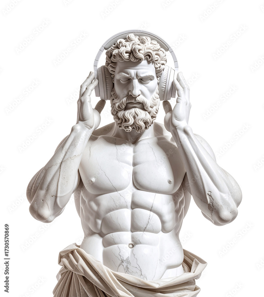 Fototapeta premium Ancient marble statue with headphones listening a music. Ancient Greek Statue with headphones isolated on transparent background.