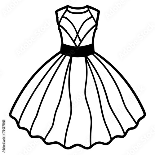 Minimalist Tulle Dress Line Art Vector Illustration on White Background