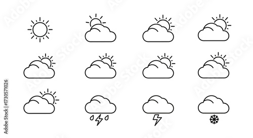Set of twelve black line art weather forecast icons depicting sun, clouds, rain, storm, and snow conditions.