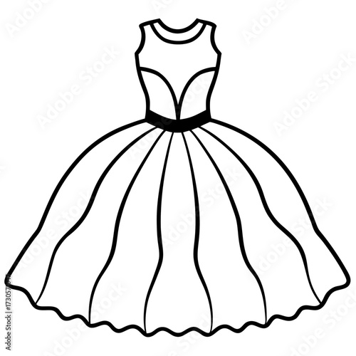 Minimalist Tulle Dress Line Art Vector Illustration on White Background