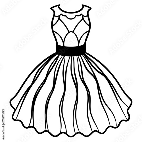 Minimalist Tulle Dress Line Art Vector Illustration on White Background