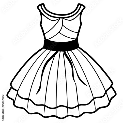 Minimalist Tulle Dress Line Art Vector Illustration on White Background