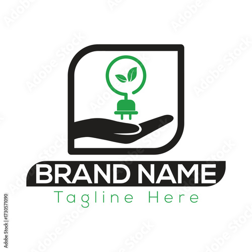 Green leaf light bulb plug in hand logo symbol for eco power and sustainability green energy