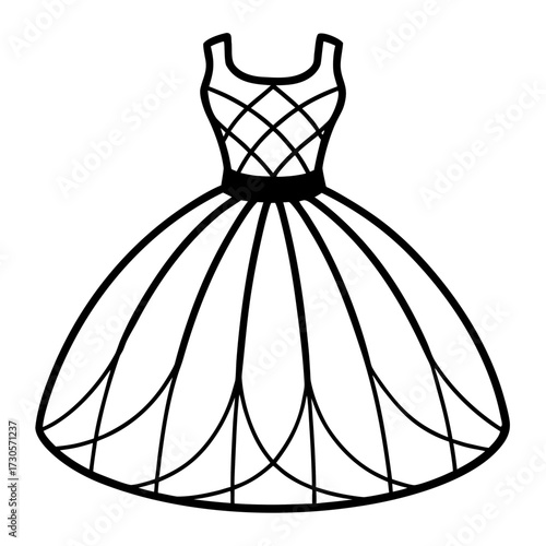 Minimalist Tulle Dress Line Art Vector Illustration on White Background