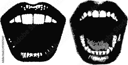 mouth with halftone stipple effect vector for urban design. stipple texture, monochrome photocopy style. Vintage vector illustration for retro music poster with gritty collage noise effect